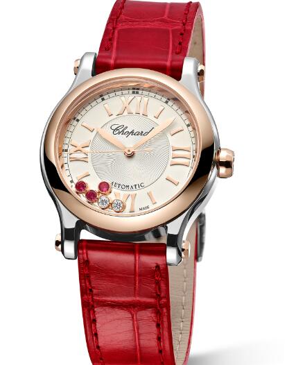 The rubies on the dial match the red leather strap perfectly.